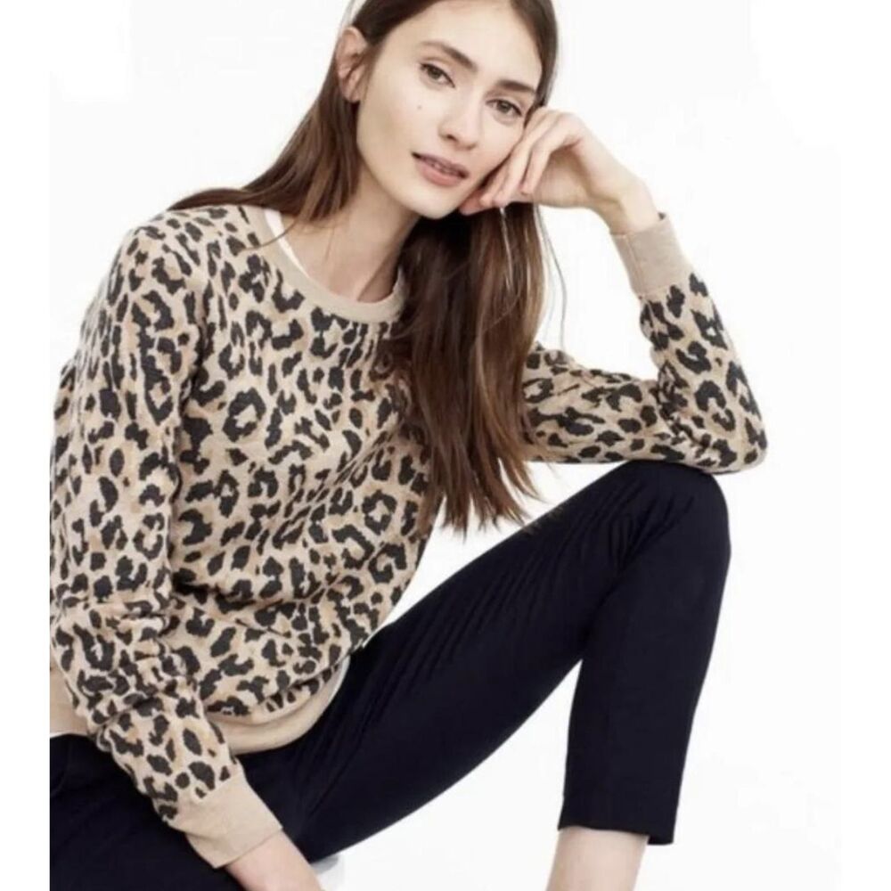 J.Crew Leopard Print Sweater Womens Small Merino Wool Crew Neck Pullover